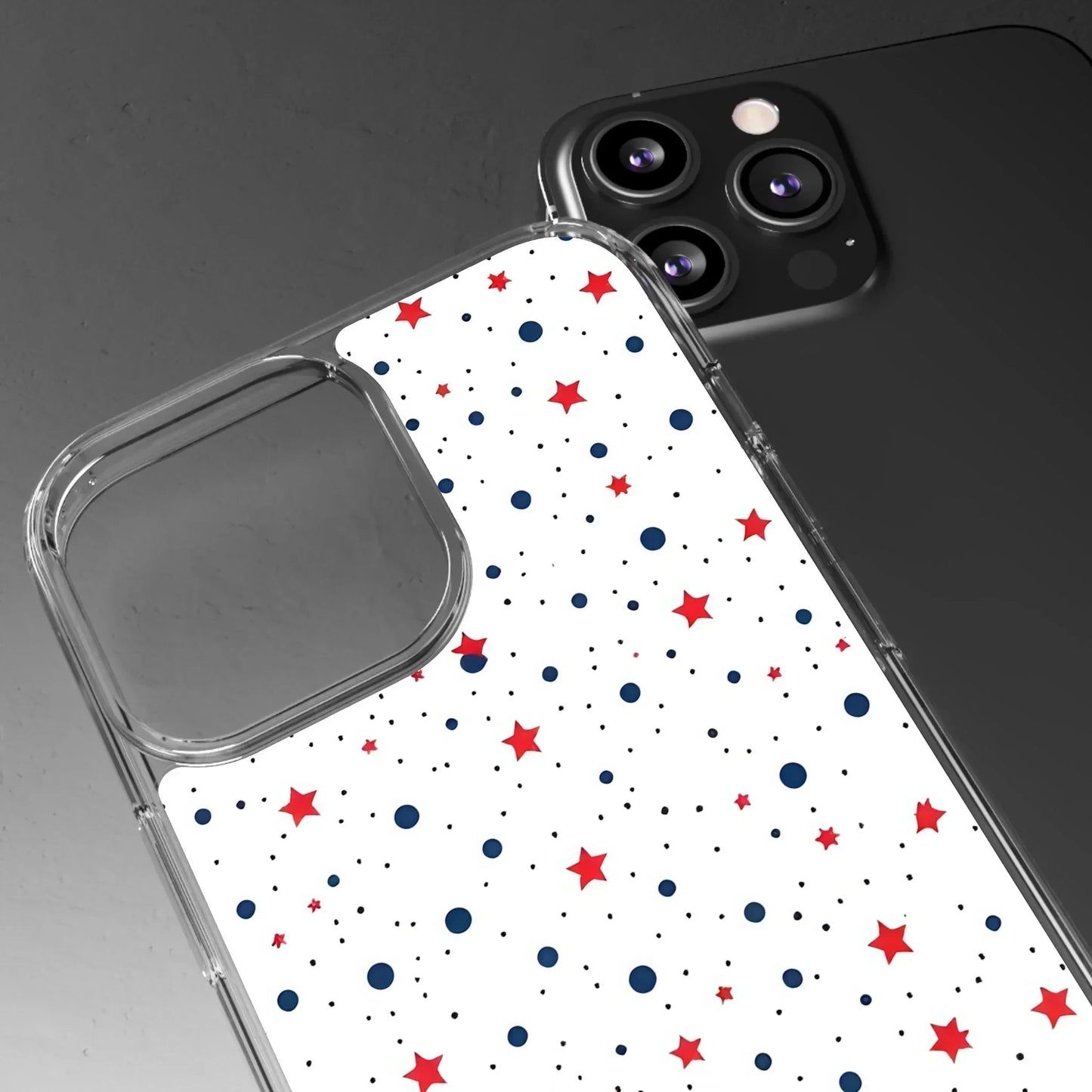 White Phone Case with Red Stars and Blue Polka Dots for iPhone and Galaxy - KarArmDesign