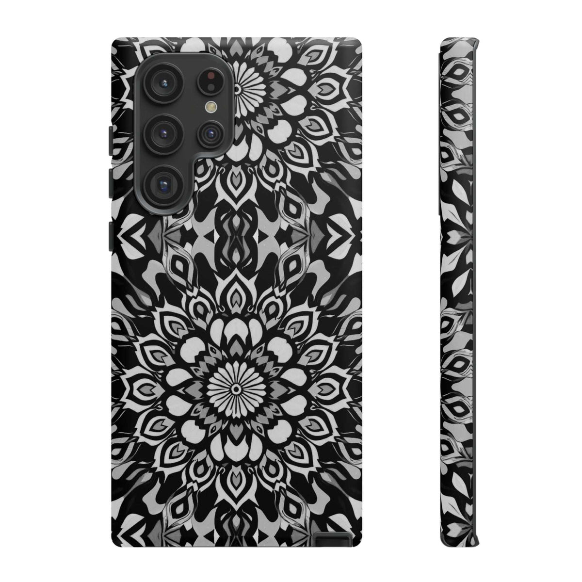 Mandala phone case featuring black-and-white mandala pattern and matching long side strip