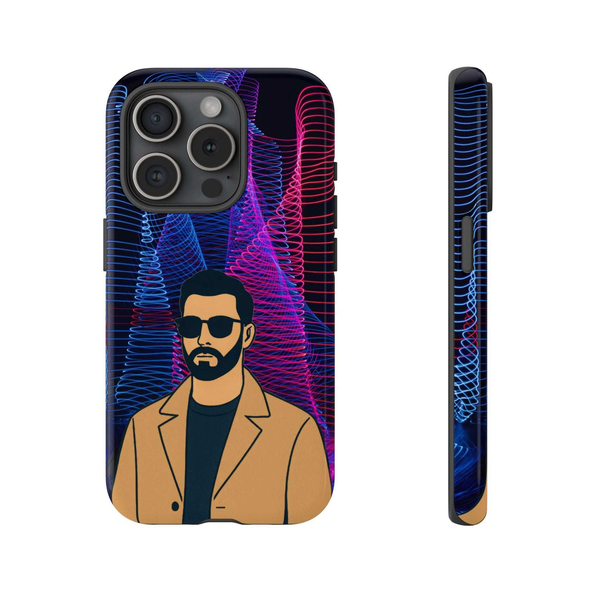 Glossy phone case with bearded man graphic, neon blue/pink lines, and quad camera cutouts.