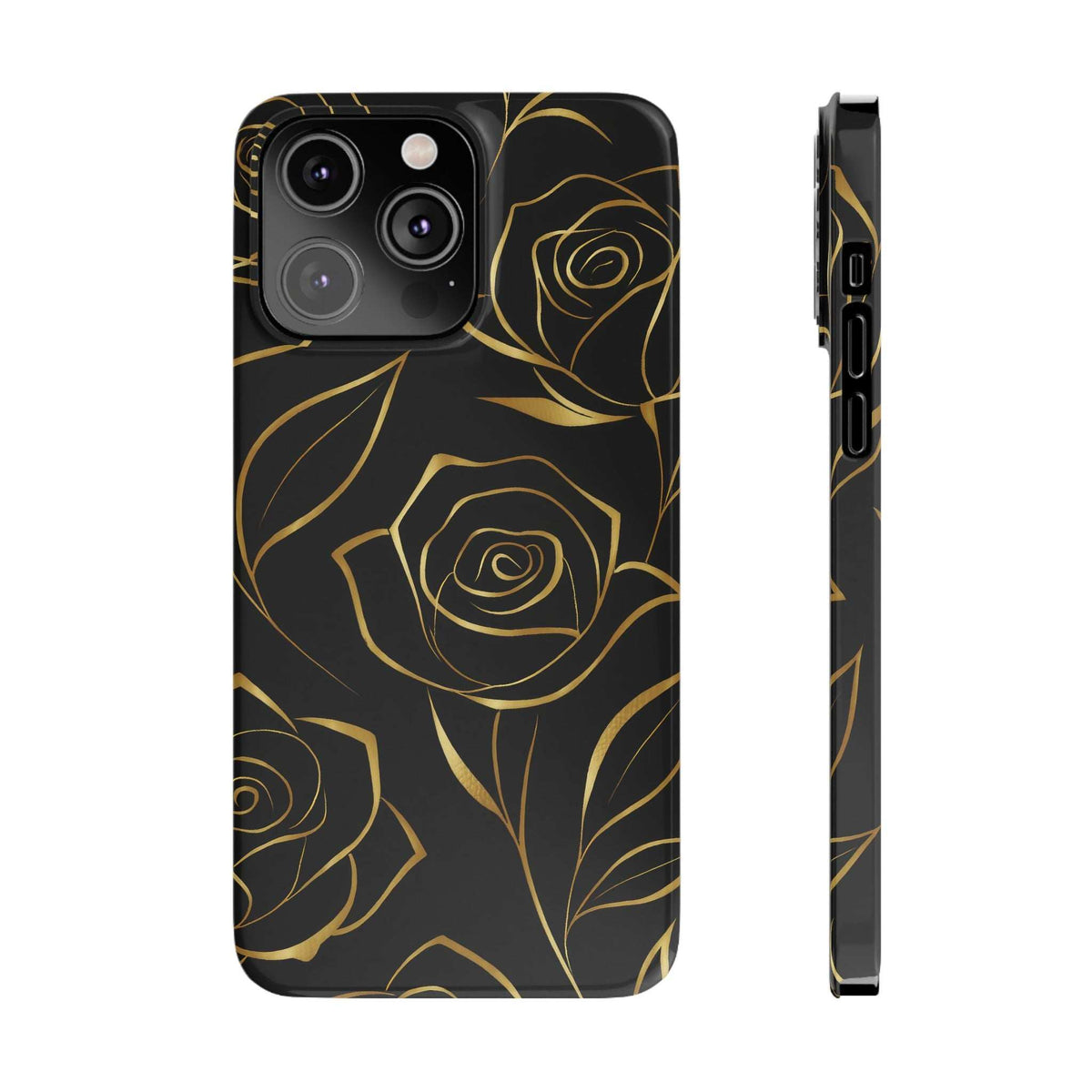 Black iPhone phone case showing gold roses with side view and port/button openings