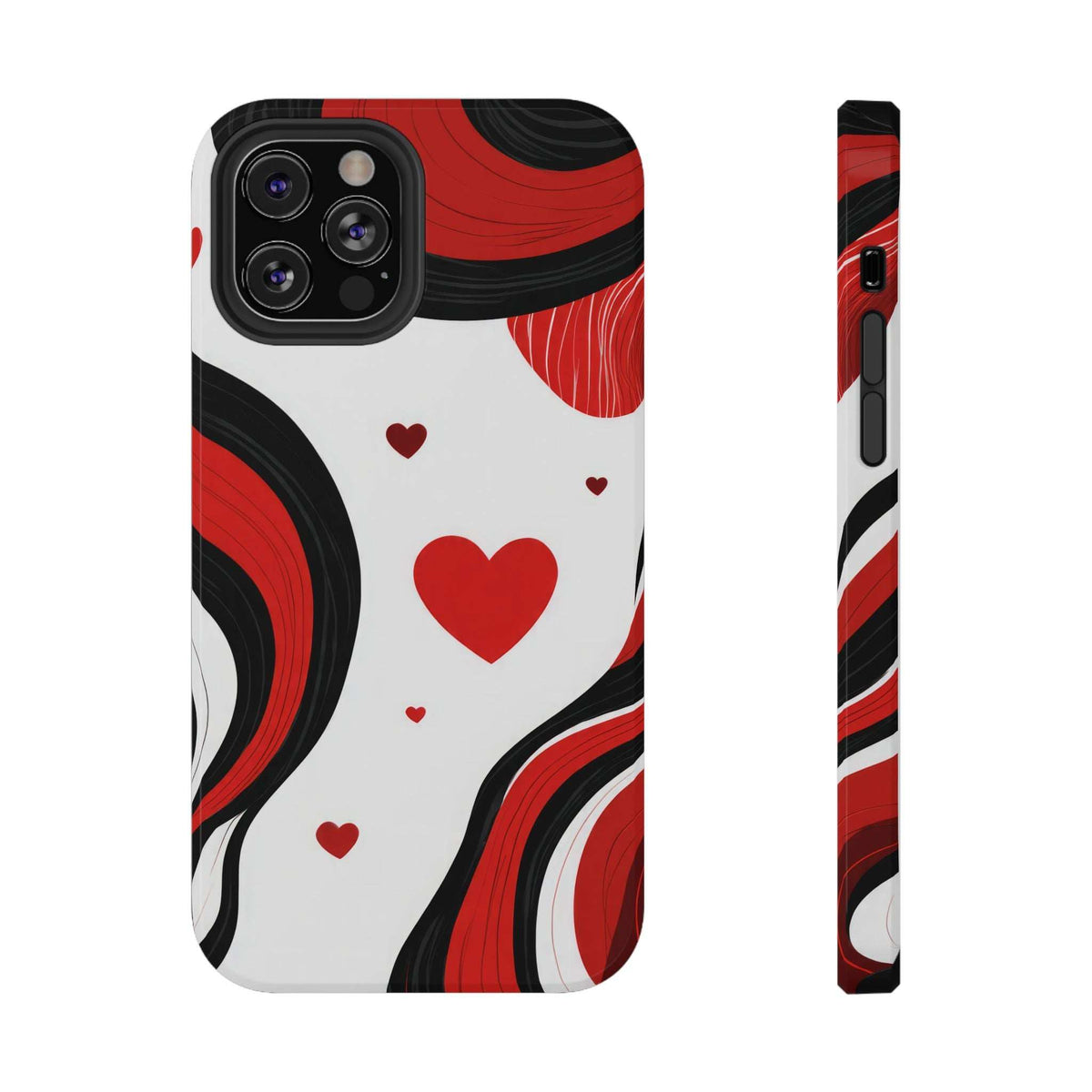 Glossy phone case with red heart and swirl pattern on white background, camera cutouts