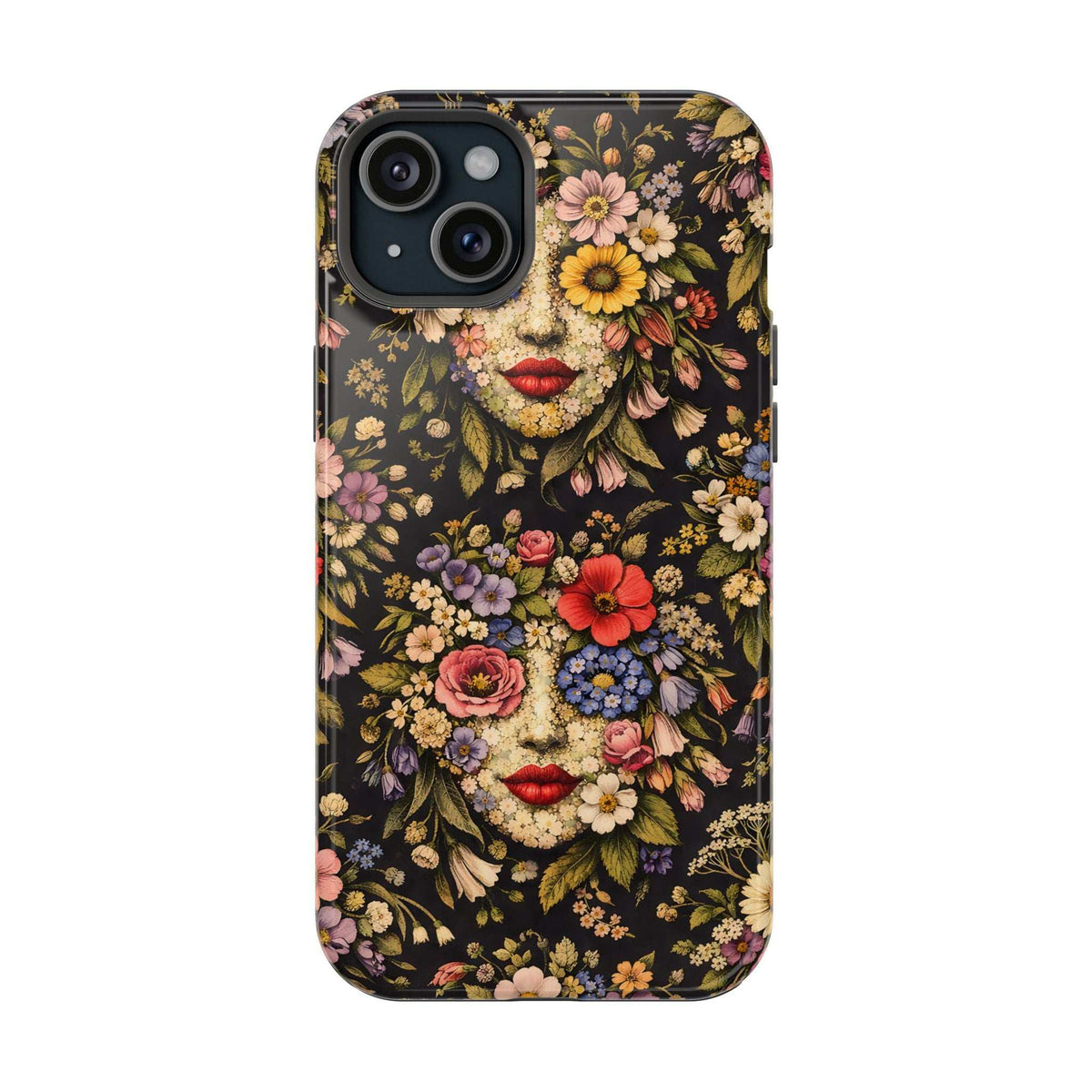 Mobile phone case with vintage floral face artwork, red lips, and black background; camera openings