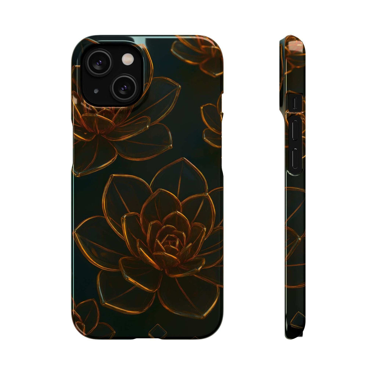 Glossy black glass phone case with gold lotus line art and side button cutouts