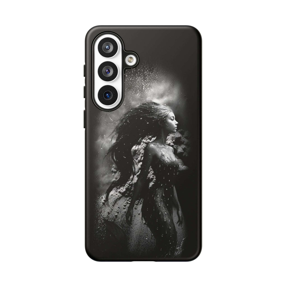 Black phone case back with grayscale mermaid illustration, camera cluster openings.