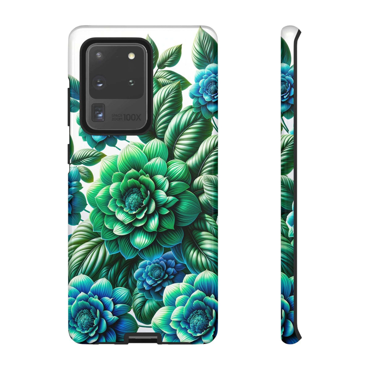 Green and blue floral phone case with camera lens openings and detailed flower design