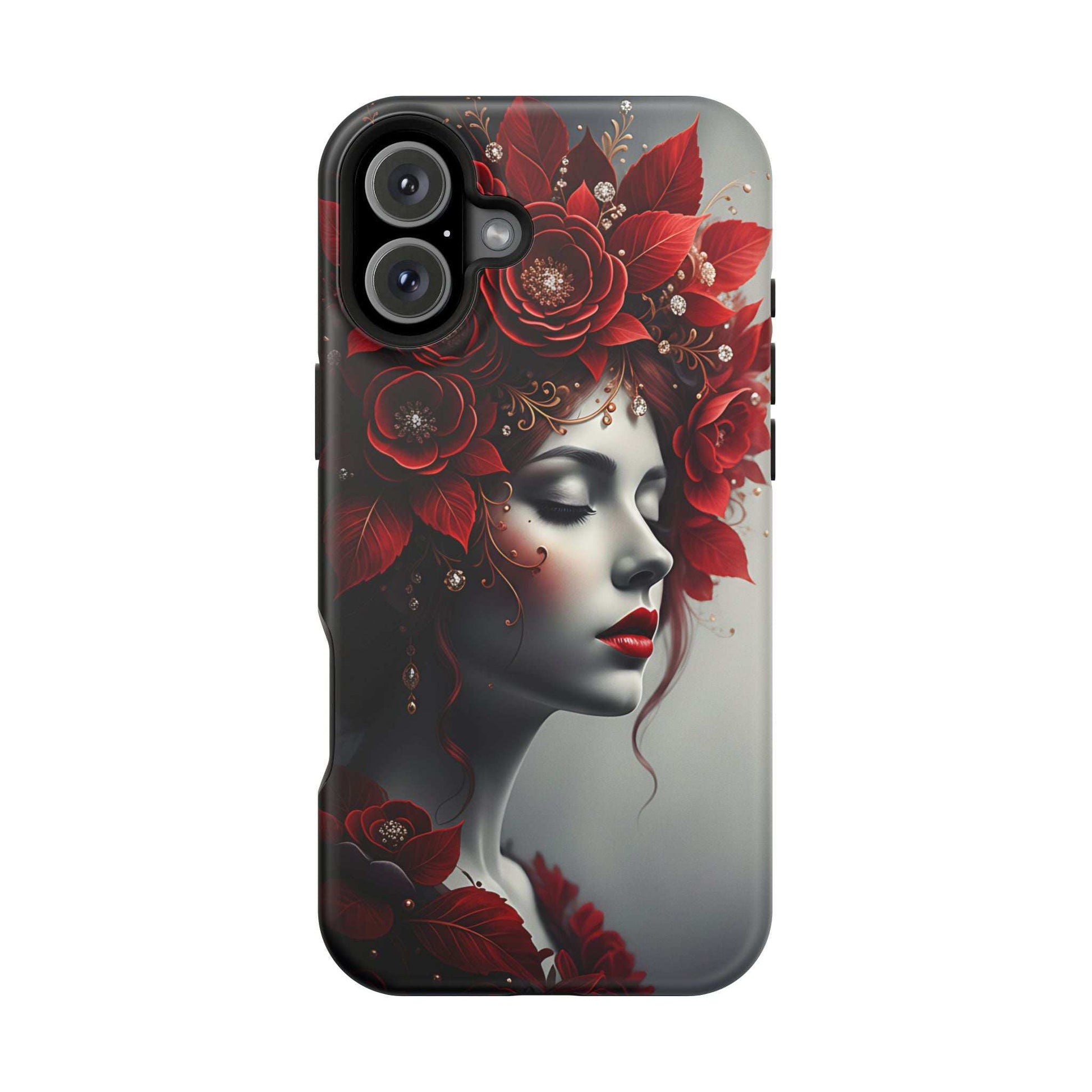 Portrait phone case for iPhone 13-17 with red rose pattern and woman face illustration