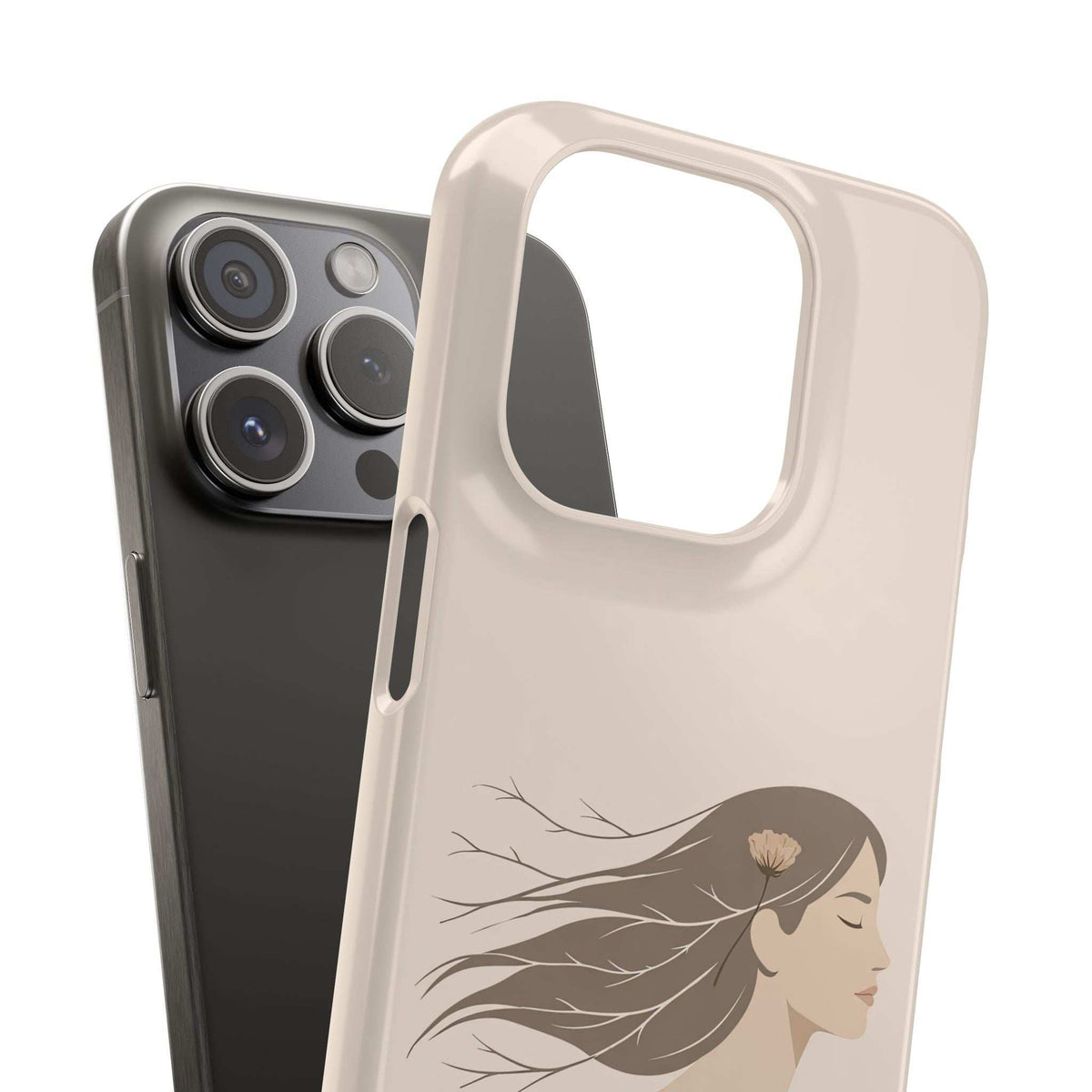 Beige phone case with line art woman and flower, large camera opening, dark case behind