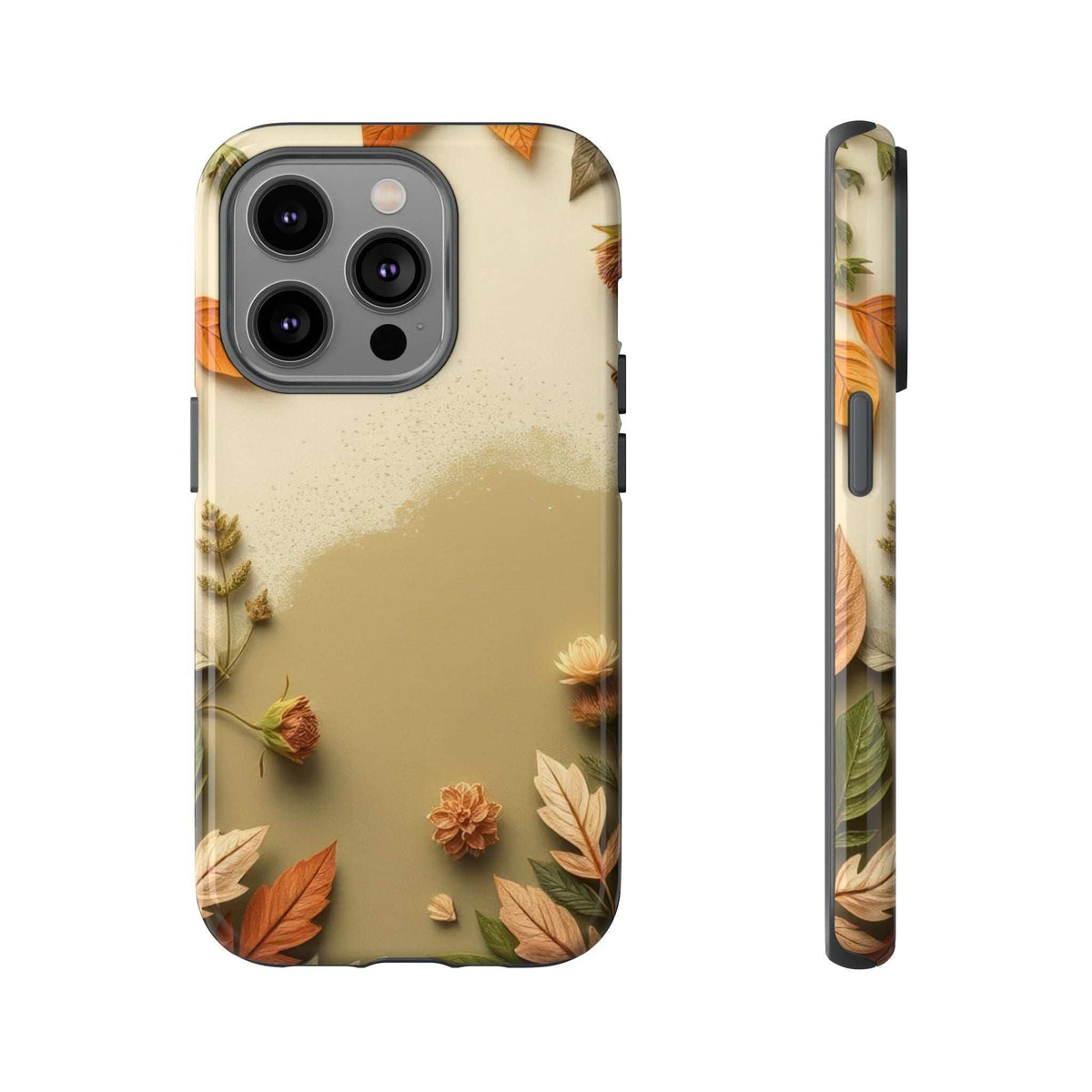Slim phone case with autumn leaves pattern on beige, quad camera opening on back