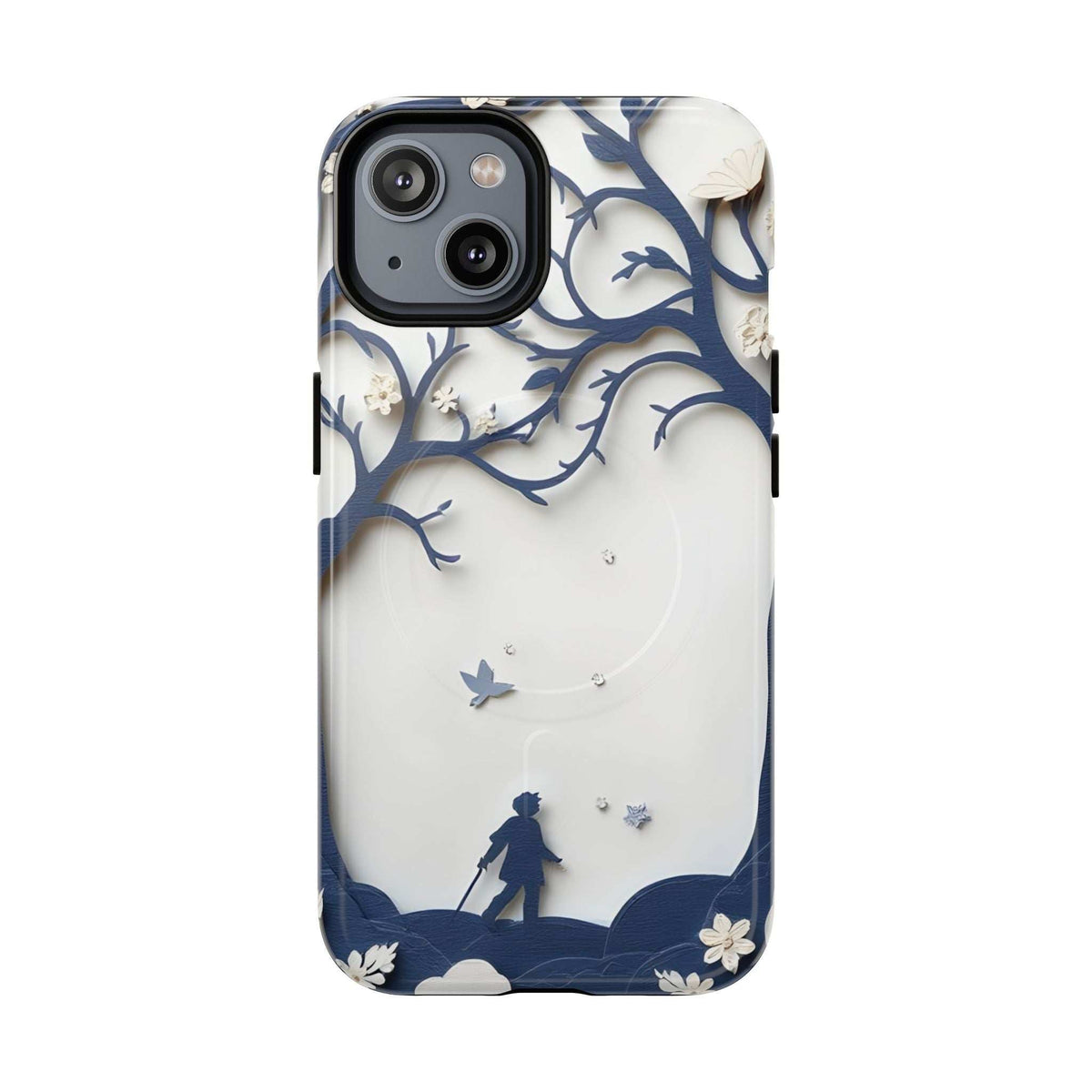 Phone case with blue nature silhouette scene on a white background