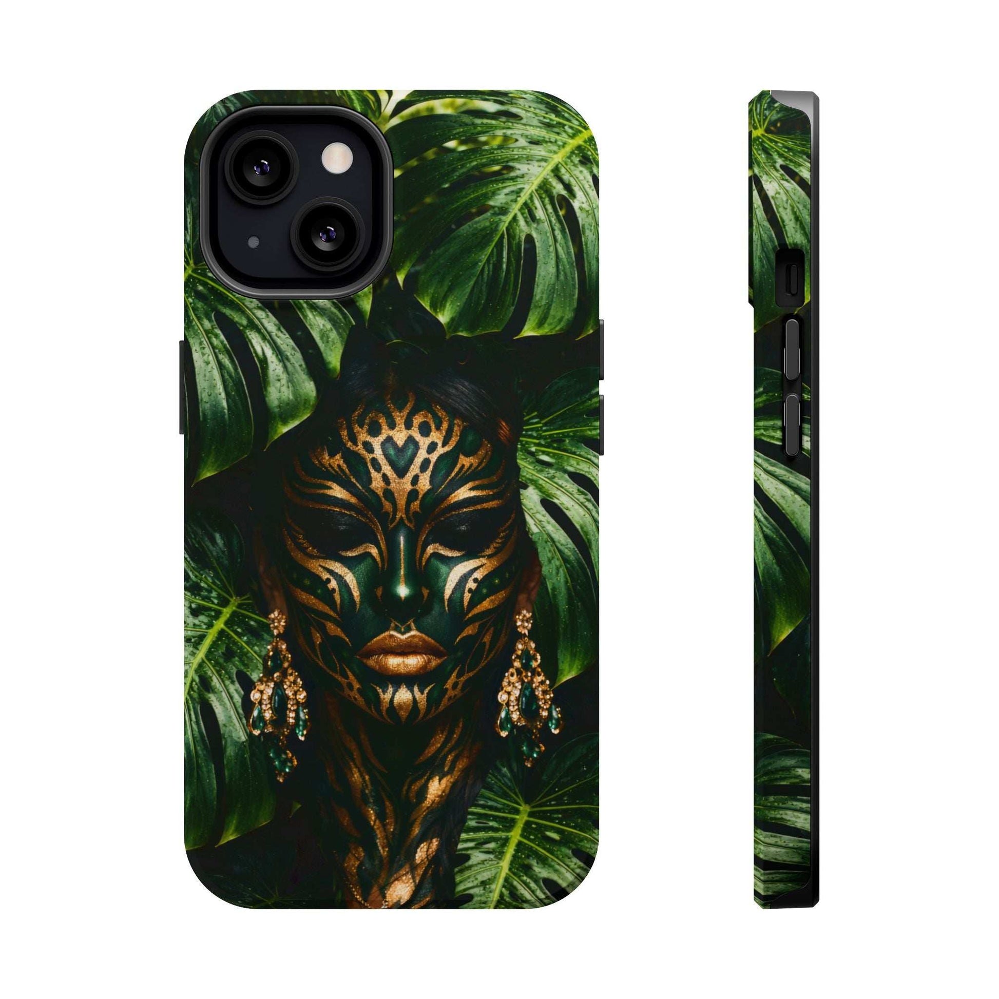 iPhone phone case with jungle leaves and golden mask artwork, front and side views