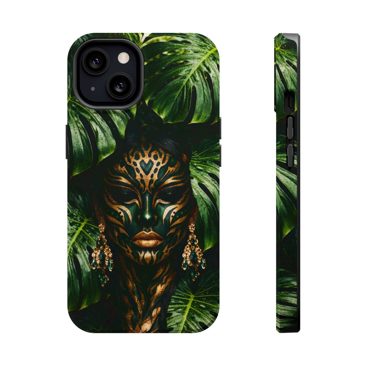 iPhone phone case with jungle leaves and golden mask artwork, front and side views