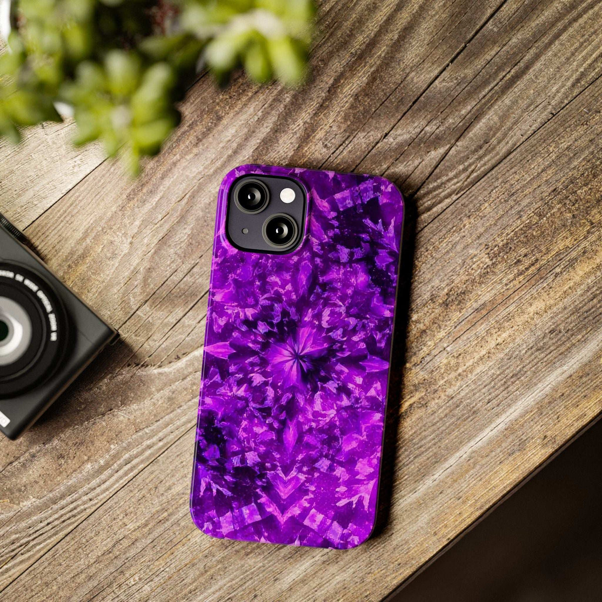 Purple kaleidoscope phone case front view with raised camera protection