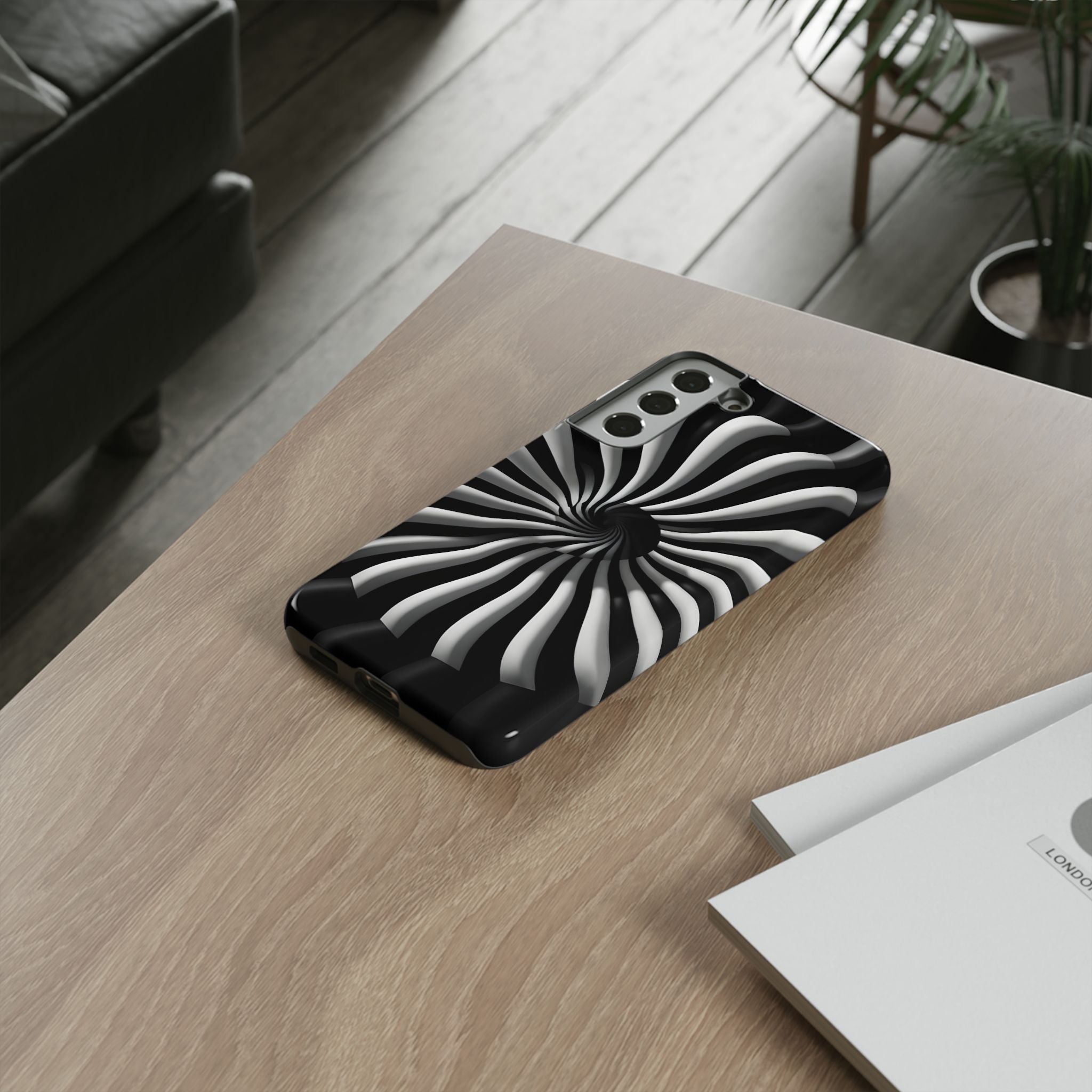 Hypnotic Black and White Spiral Phone Case – Optical Illusion Design for iPhone & Galaxy