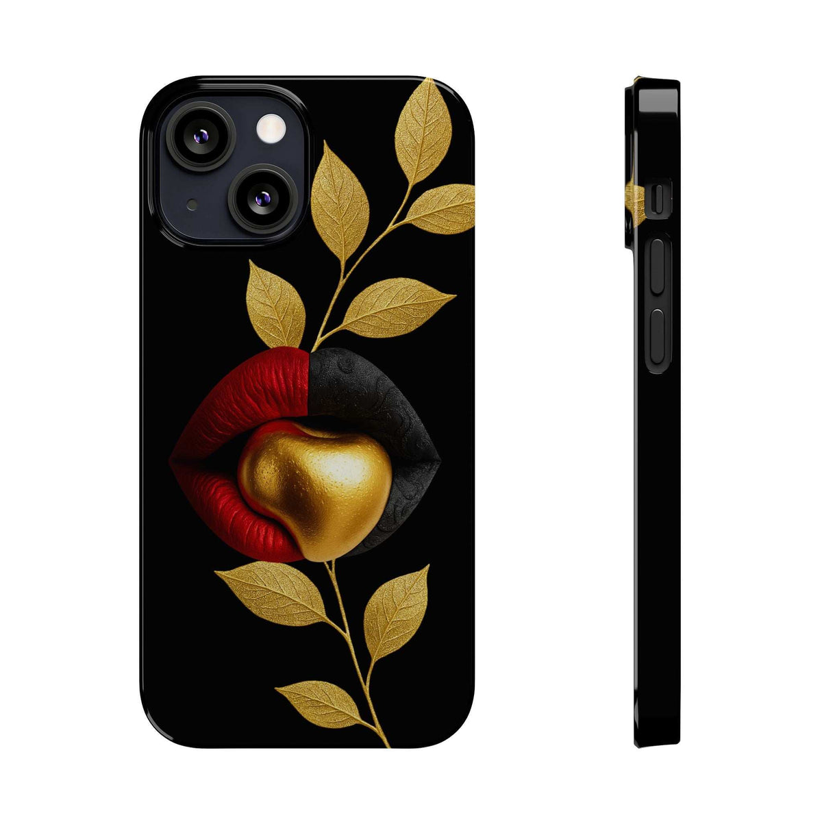 Black iPhone phone case showing gold leaves and red lips; raised camera openings