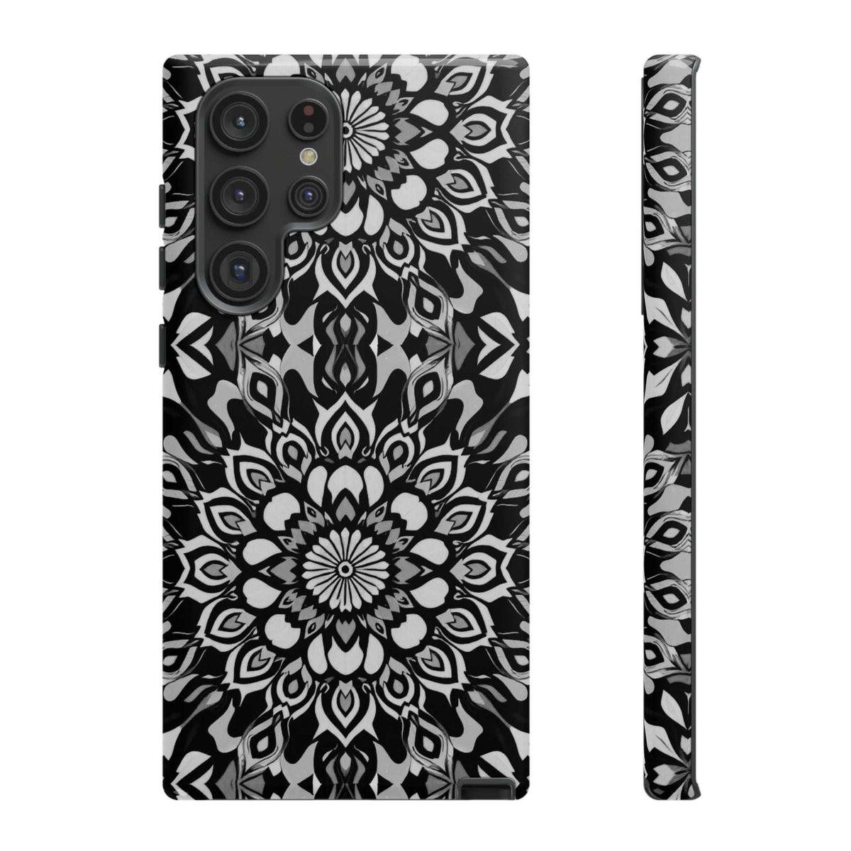 Mandala phone case with black-and-white mandala artwork and camera openings plus side profile