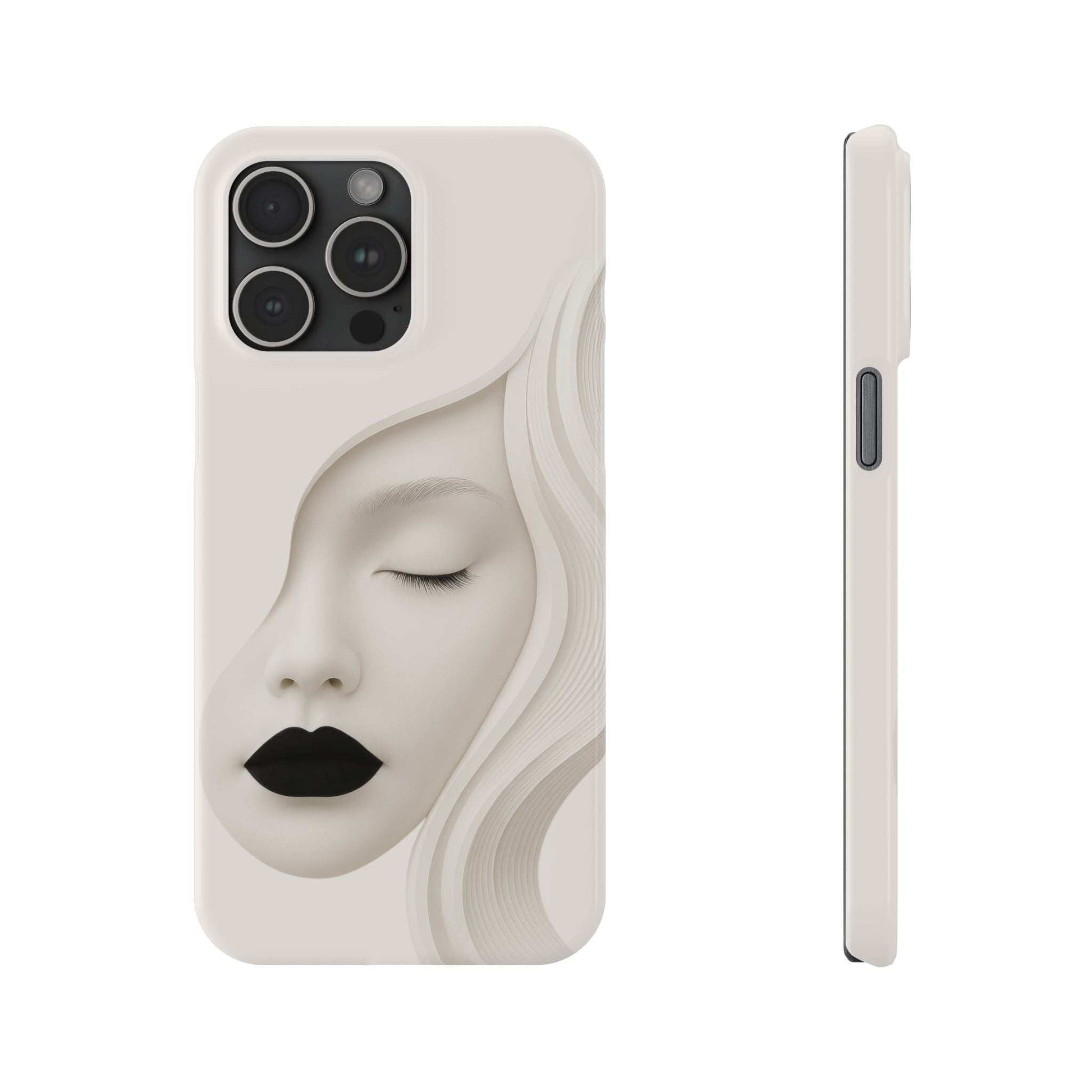 Off-white minimalist face phone case with black lips; visible camera cutouts and side edge