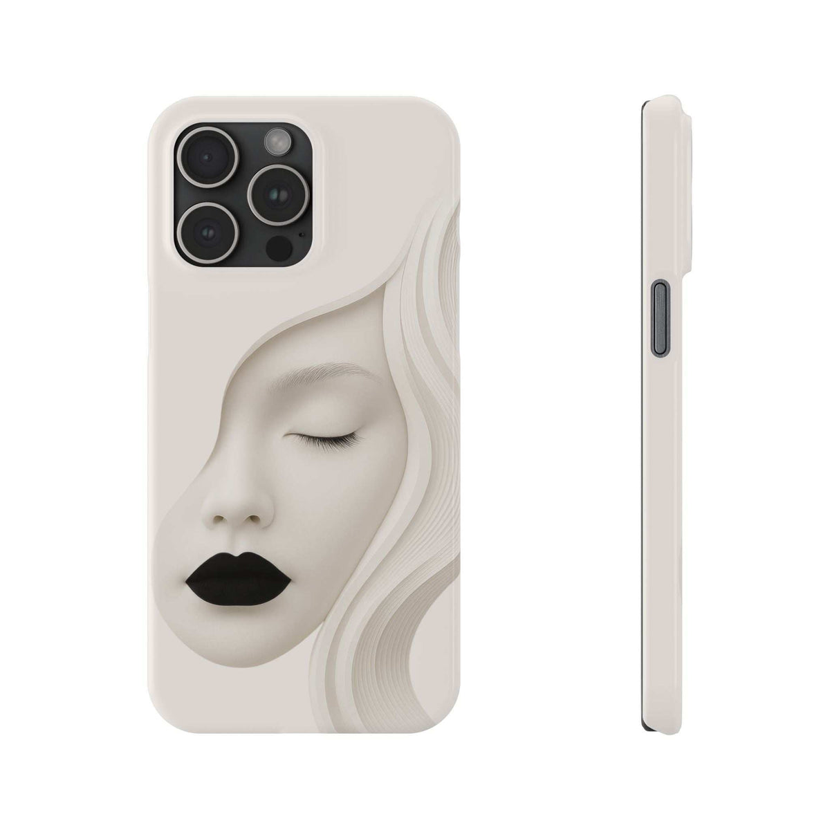Off-white minimalist face phone case with black lips; visible camera cutouts and side edge