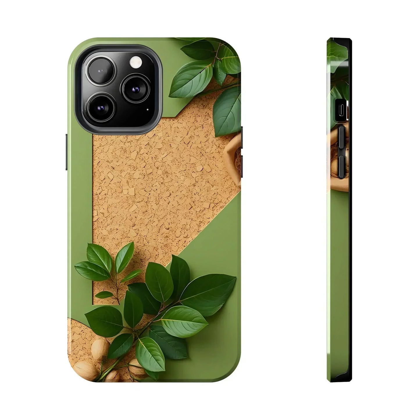 Eco-Inspired Tough Phone Case – Cork Texture with Leaf & Seed Design for iPhone 7-16 and Samsung Galaxy S21-S24 - KarArmDesign