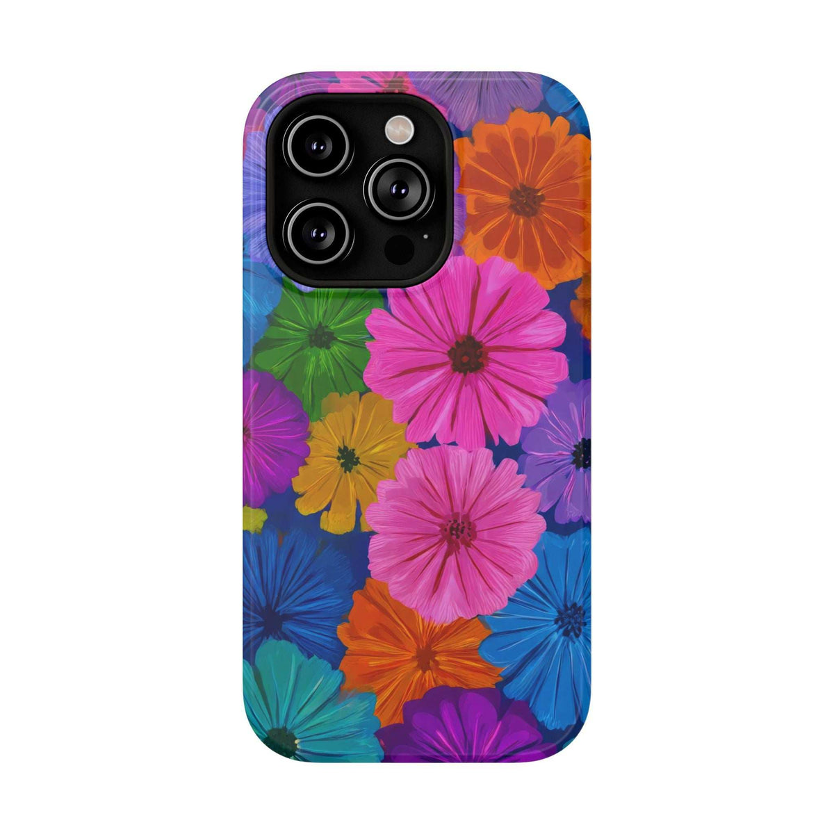 Colorful flower patterned phone case with three camera lenses and flash cutout