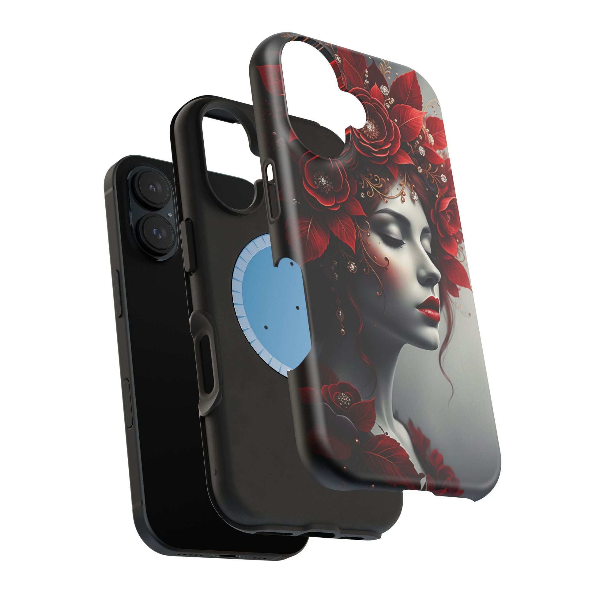 Red rose portrait phone case with woman face, black bumper edges and side buttons.