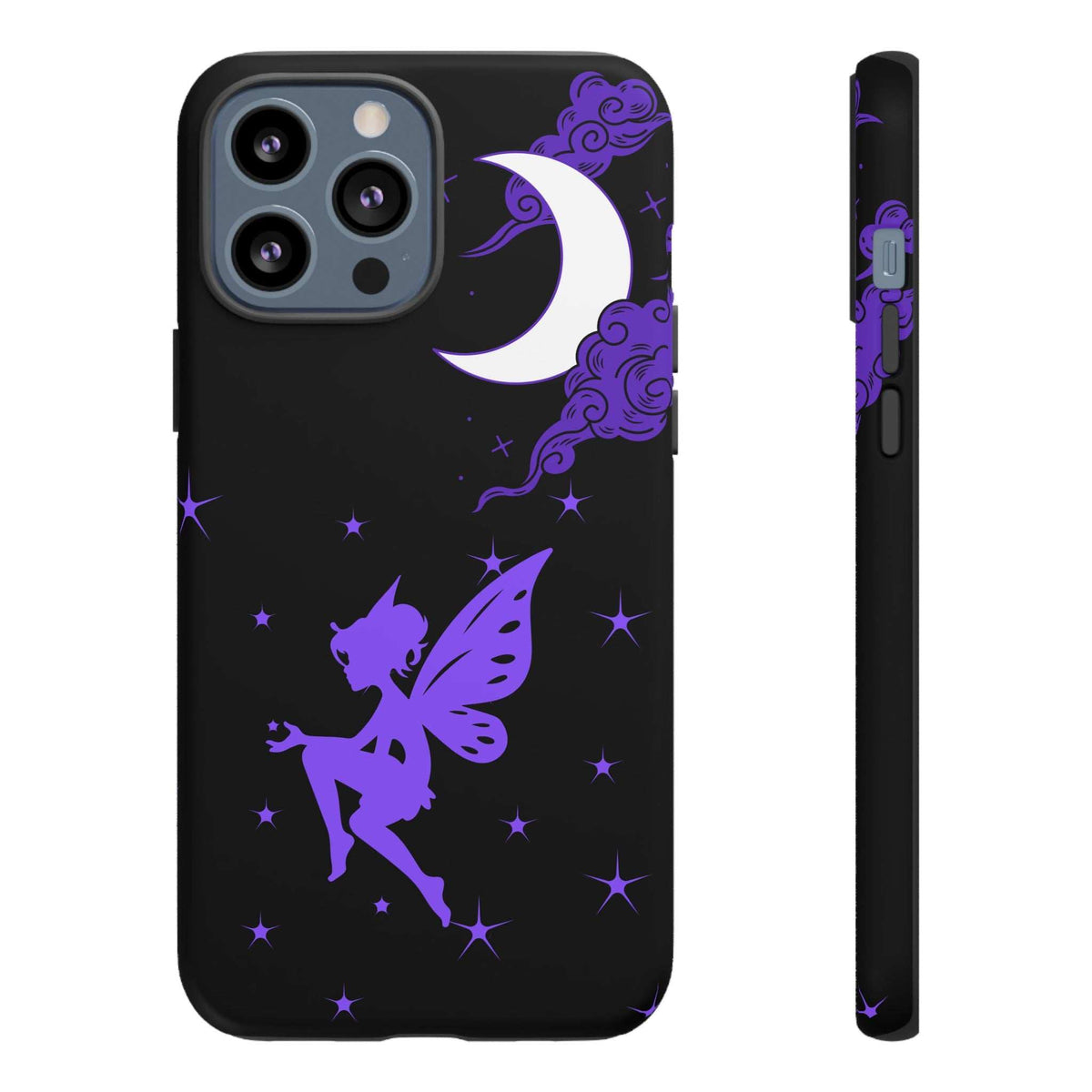 Black phone case with purple crescent moon and fairy design; camera lens windows on back