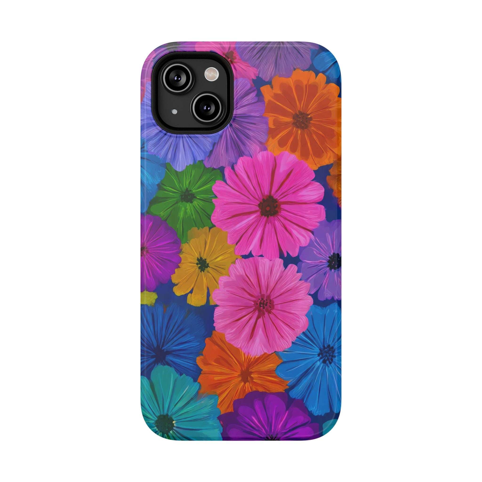 Colorful floral phone case featuring black camera module cutout over bright blossoms