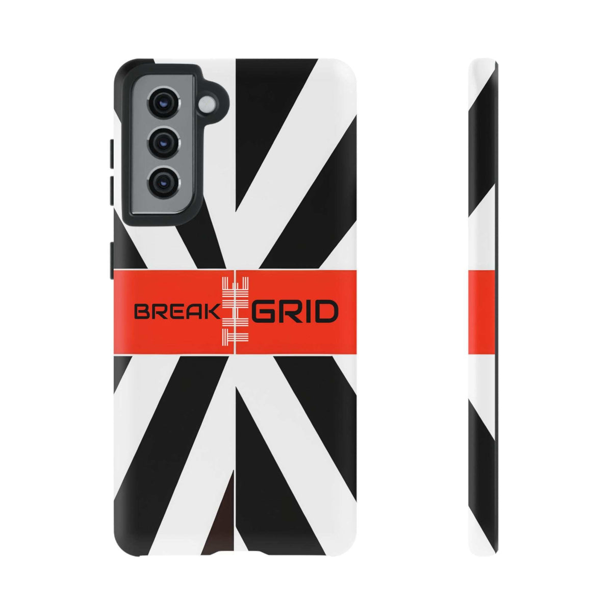 Phone case with black-and-white geometric stripes, red "Break Grid" band, front and side view.