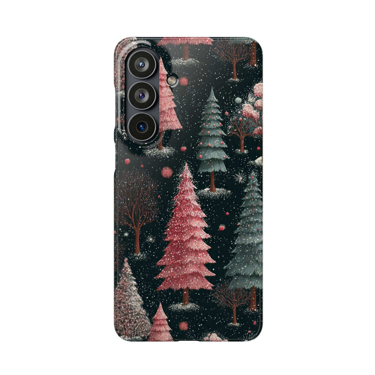 Glossy phone case with winter forest trees and snowy pink accents