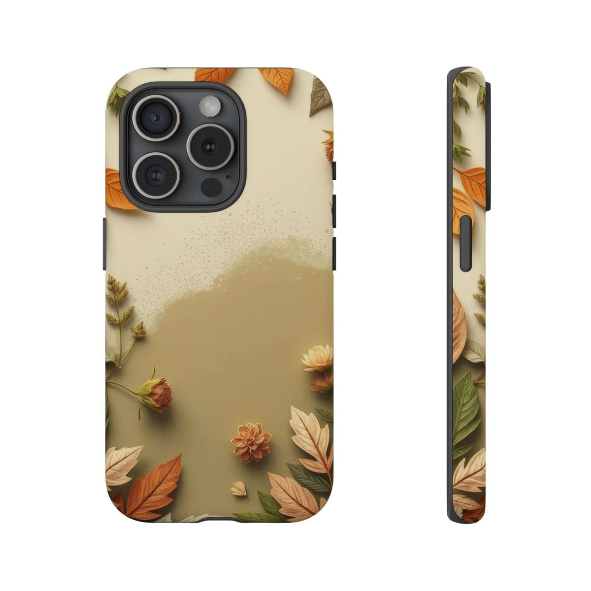 Phone case with beige autumn leaves and blossoms, back view with quad camera cutouts