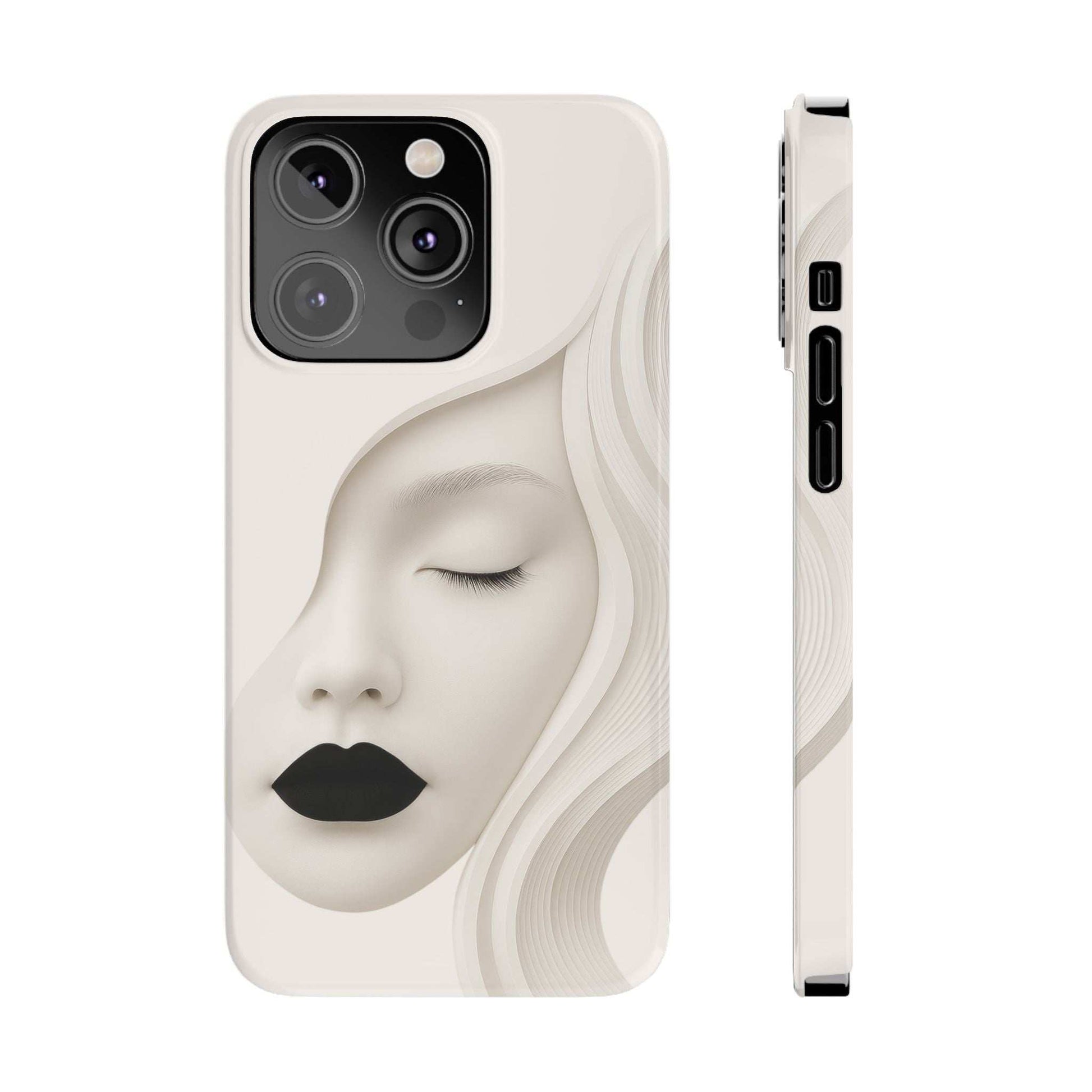 Light beige phone case with minimalist closed-eye face print; side view shows port openings.