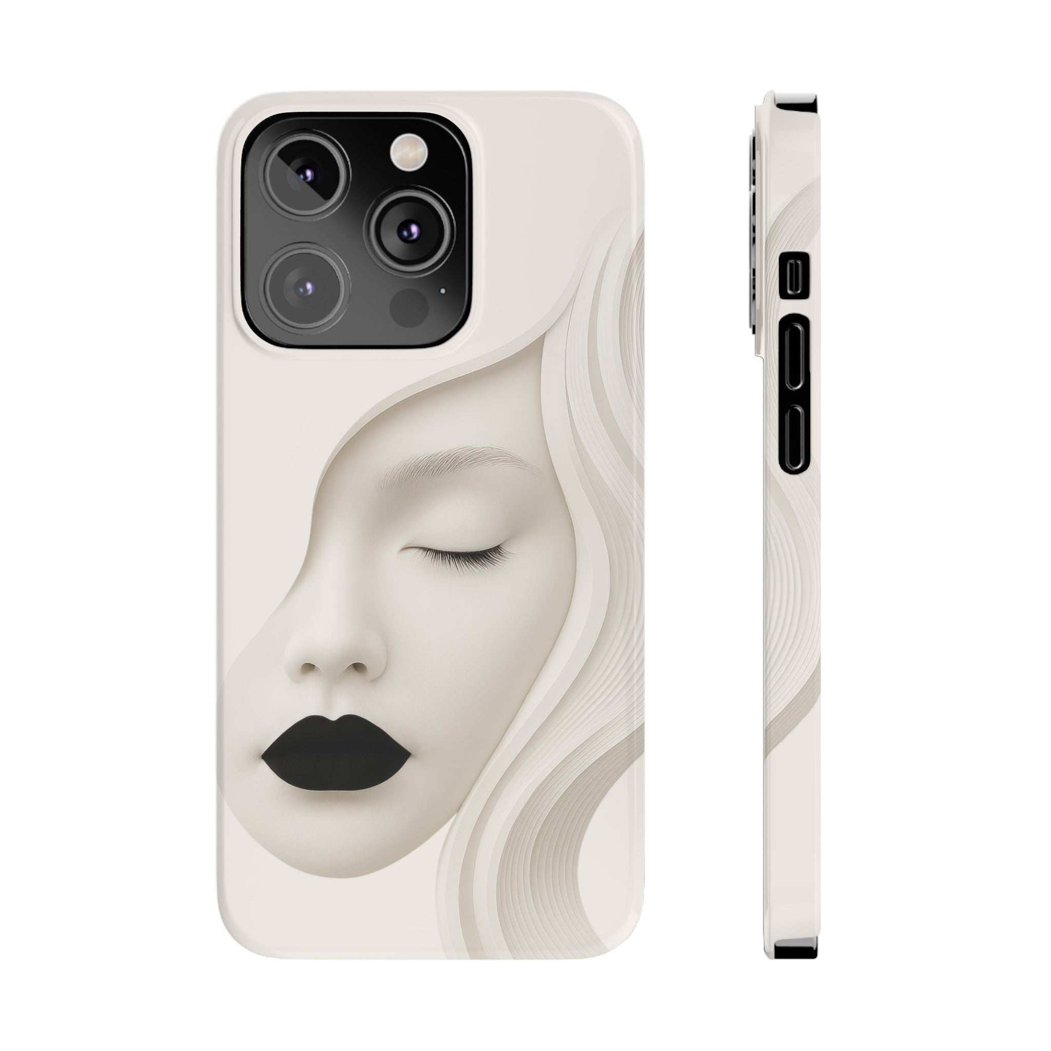 Light beige phone case with minimalist closed-eye face print; side view shows port openings.