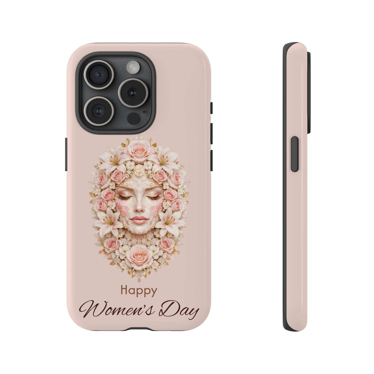 Light pink phone case with floral woman face design, 'Happy Women's Day' text; quad-lens camera cutout