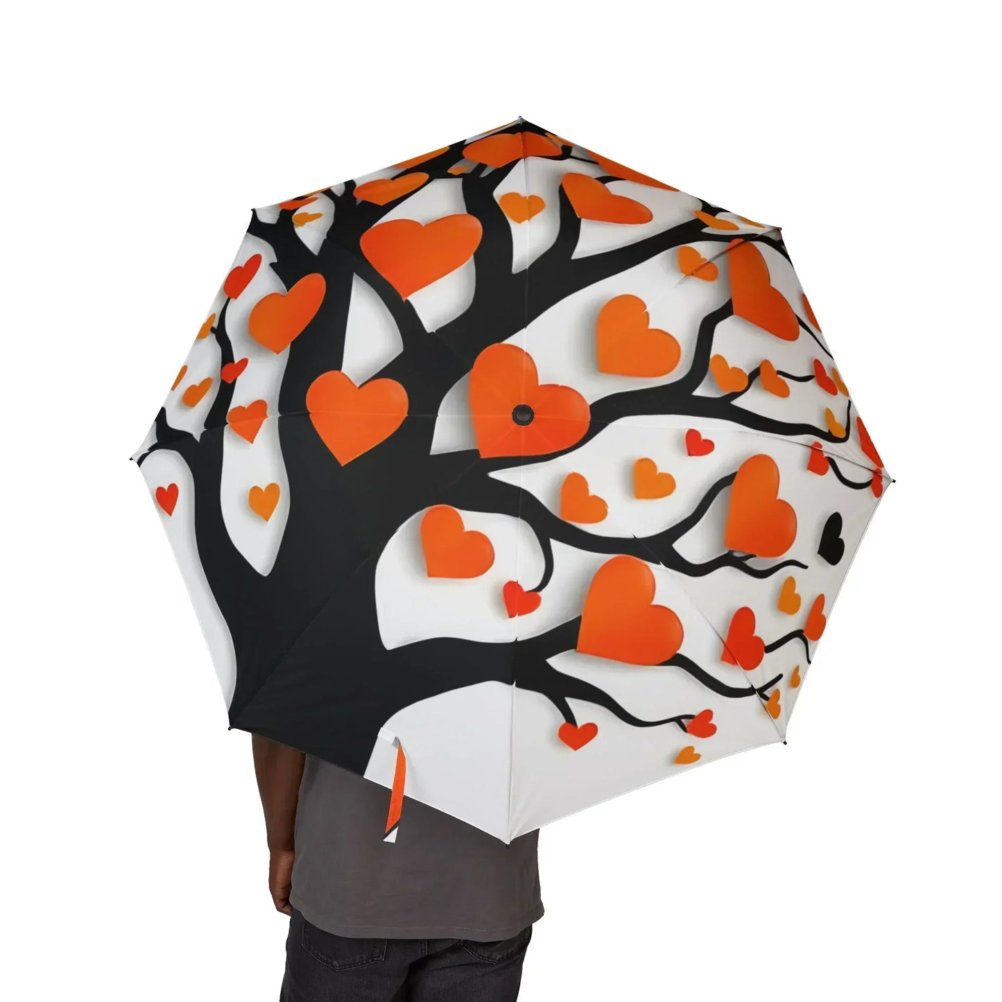 Romantic Heart Tree Foldable Umbrella with Orange & Red Accents on White Canopy - KarArmDesign