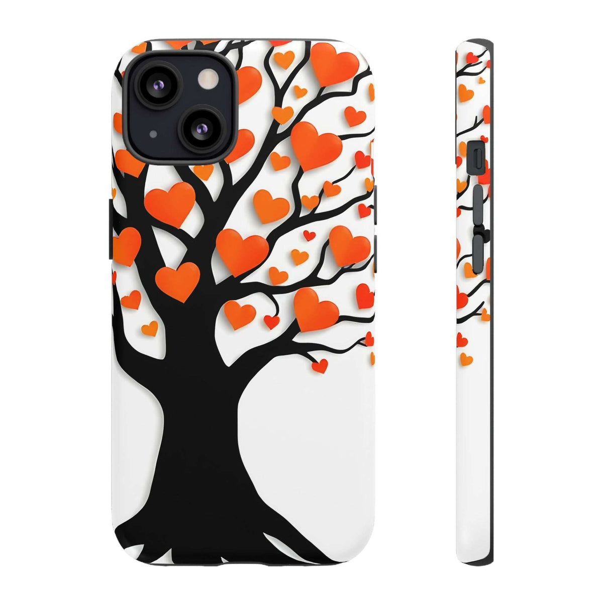 Heart tree phone case with orange heart design, front view showing camera lenses