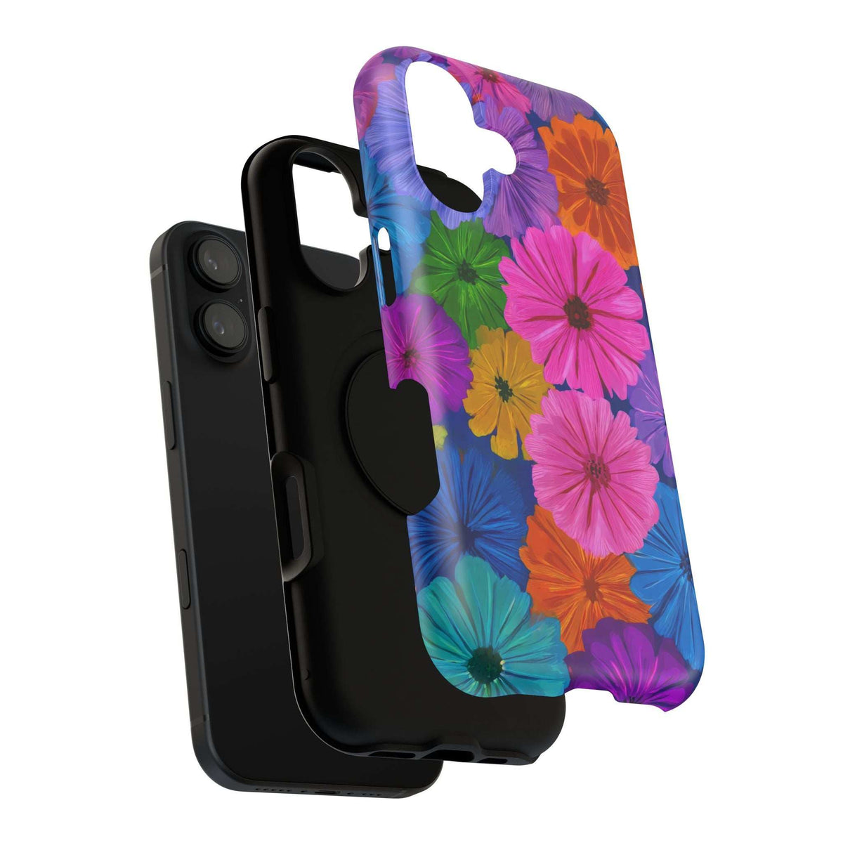 Floral bloom phone case angled view with bright flowers, camera openings, and button cutouts