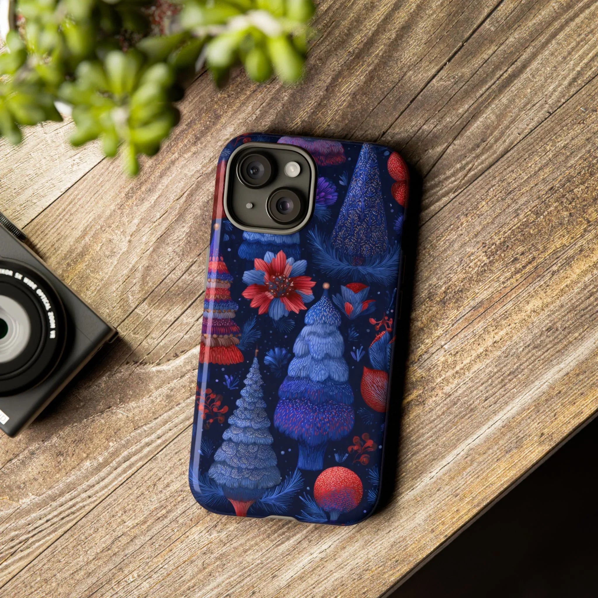 Midnight Blue Christmas Forest Phone Case for iPhone 8-17 and Galaxy S21–S25 - KARARMDESIGN