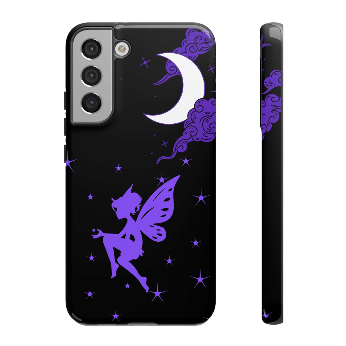 Black phone case with purple moon and fairy wings; camera lens windows and flash cutout