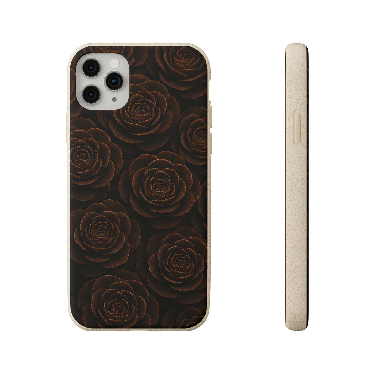 Wood rose phone case with dark rose motif and camera cutouts; thin beige side profile.