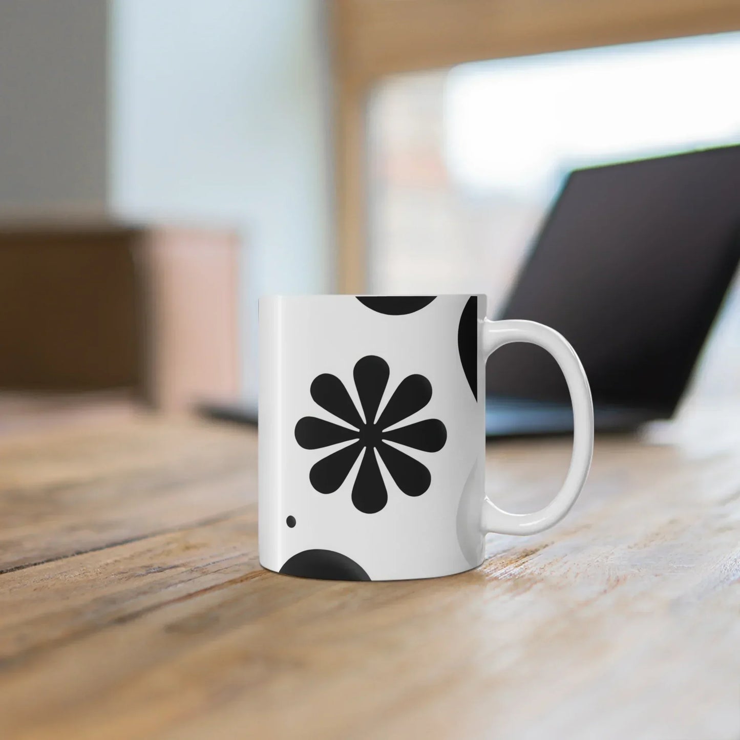 Black Mandala-Inspired Floral Design White Ceramic Mug - KarArmDesign
