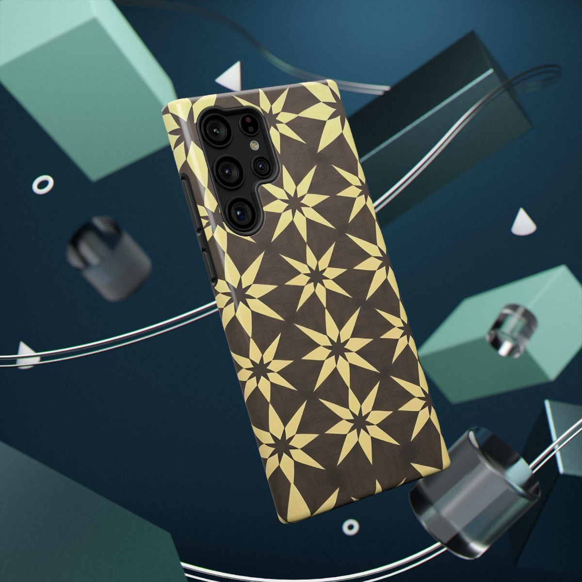 Phone case with gold star geometric print on dark case; camera lenses visible