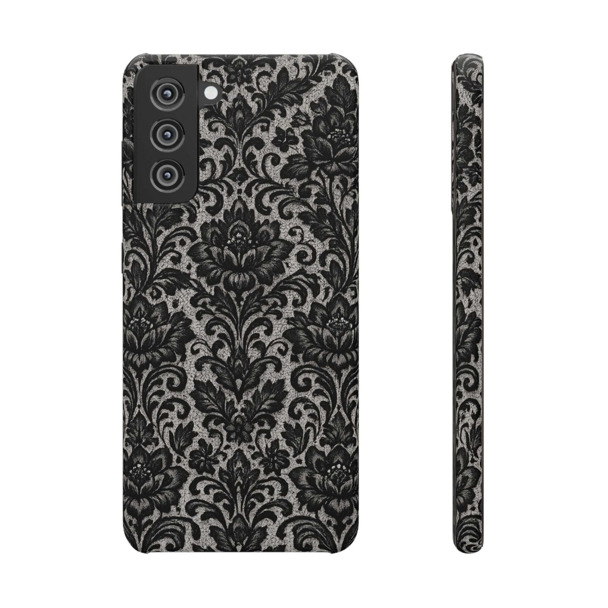 Black damask floral phone case, triple camera cutout; tall ornate pattern back