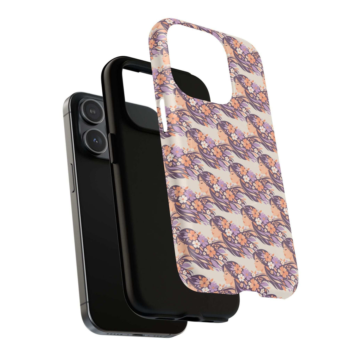 Floral phone case with peach and purple floral pattern, front cutout and corner bumper