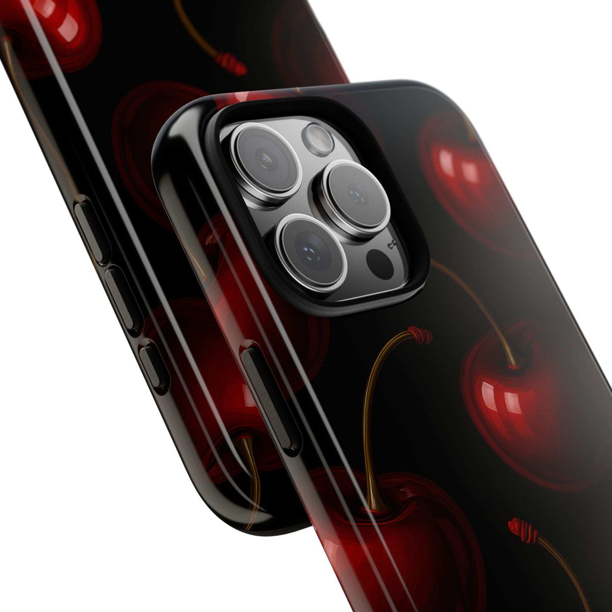 Glossy cherry phone case for iPhone, black with red cherry pattern and camera cutouts