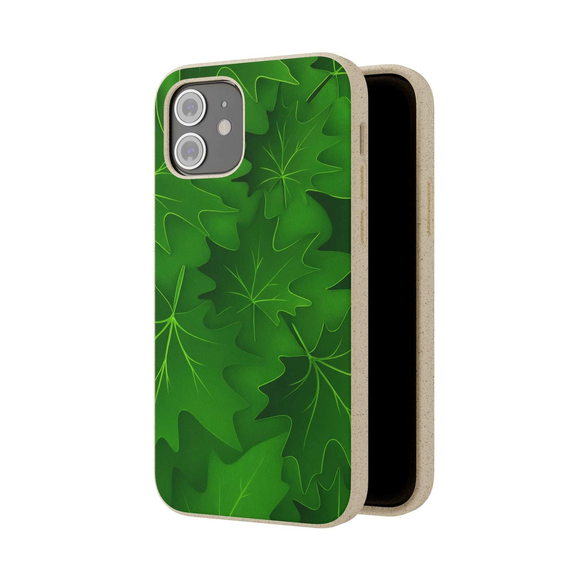 Green leaf-pattern phone case with camera cutouts and beige bumper edges.
