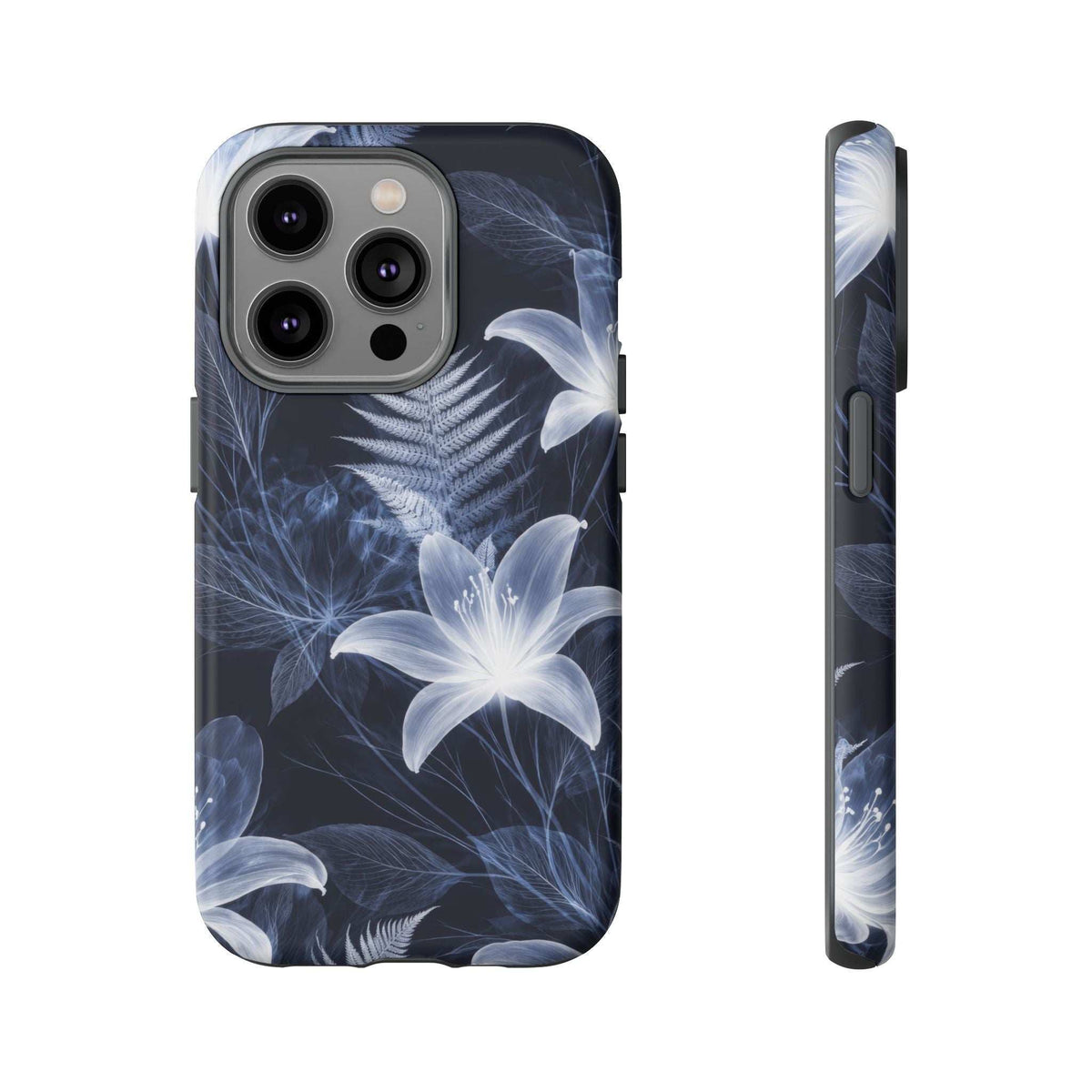 Transparent phone case with blue flower-and-fern artwork, side buttons and camera lenses