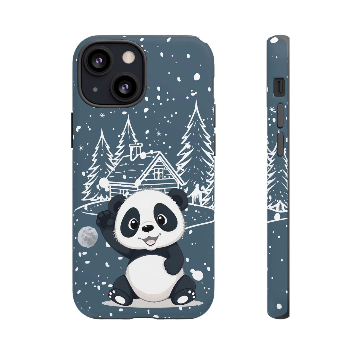 Dark blue phone case with panda in snowy cabin scene, visible camera cutouts and buttons.