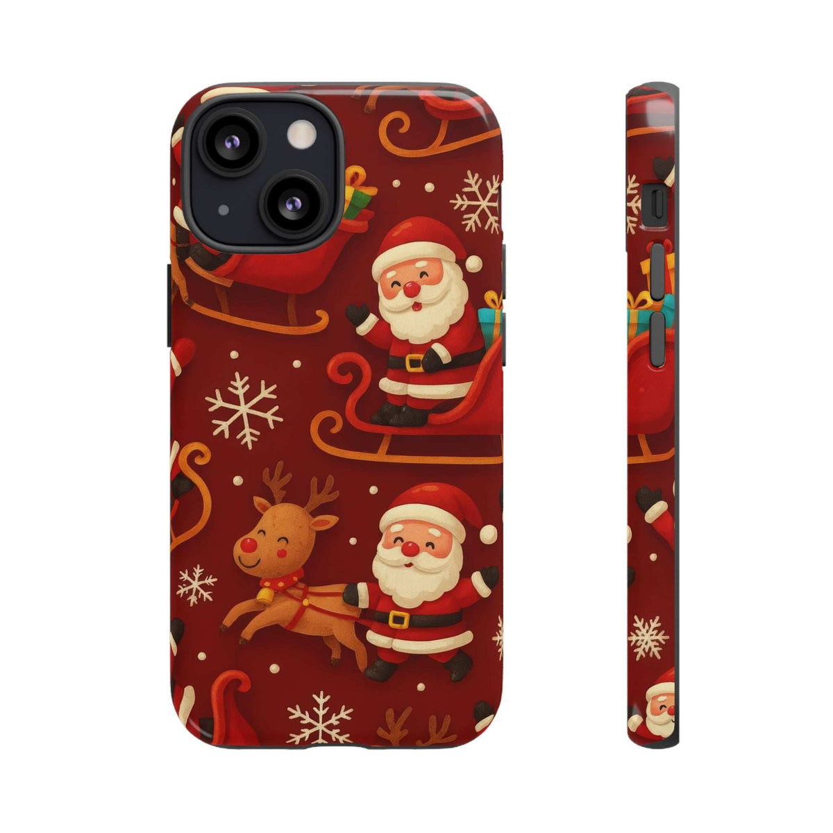 Glossy red Santa sleigh ride phone case with Santa and reindeer; visible camera cutout.