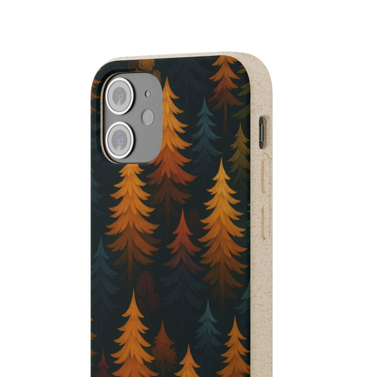 Biodegradable phone case with dark forest tree design and raised camera cutouts