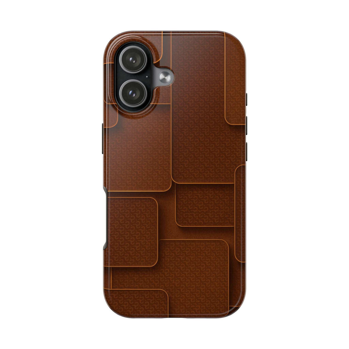 Textured brown phone case with embossed patch design and camera lens cutouts