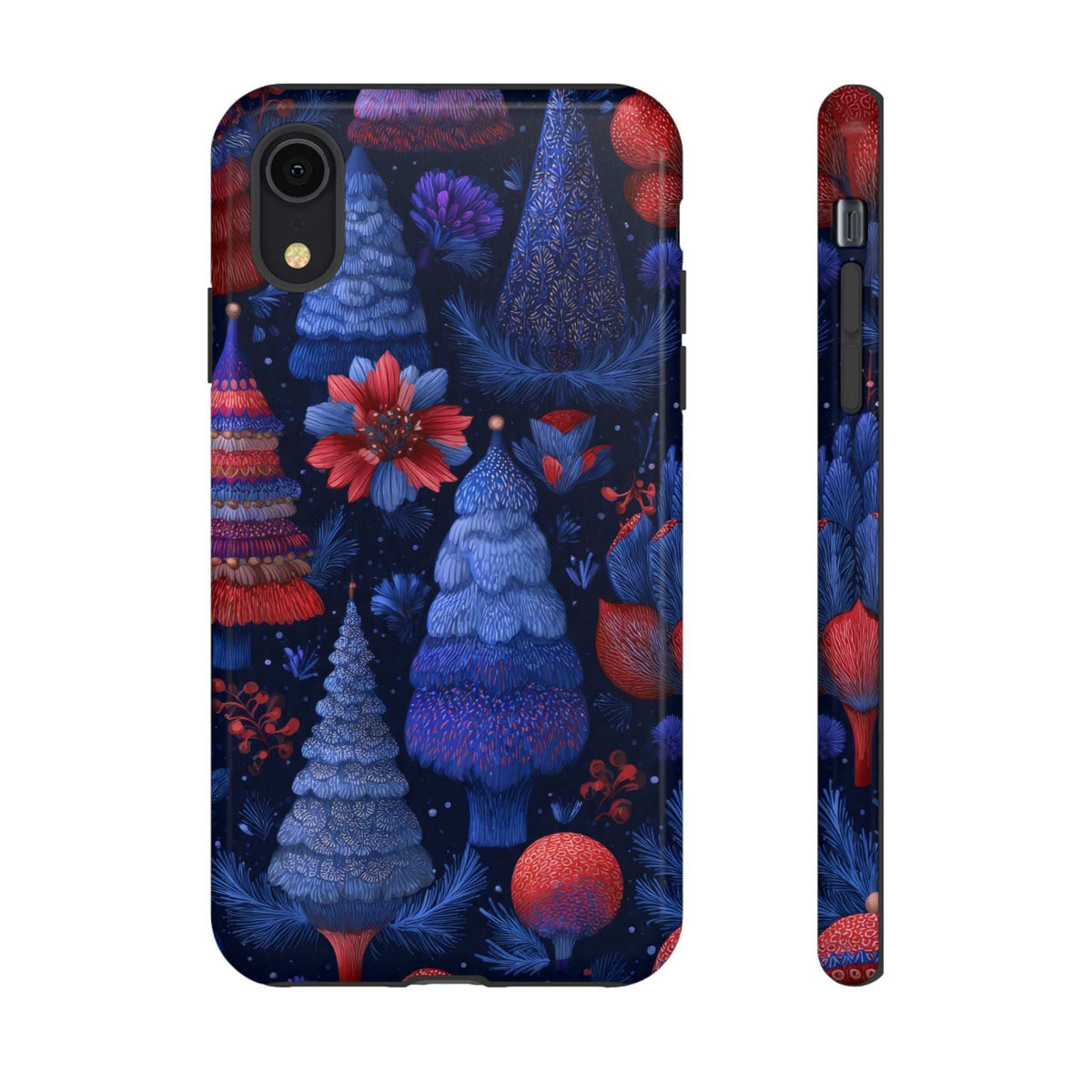 Glossy midnight blue phone case showing Christmas trees, red blossoms, and ornament details.